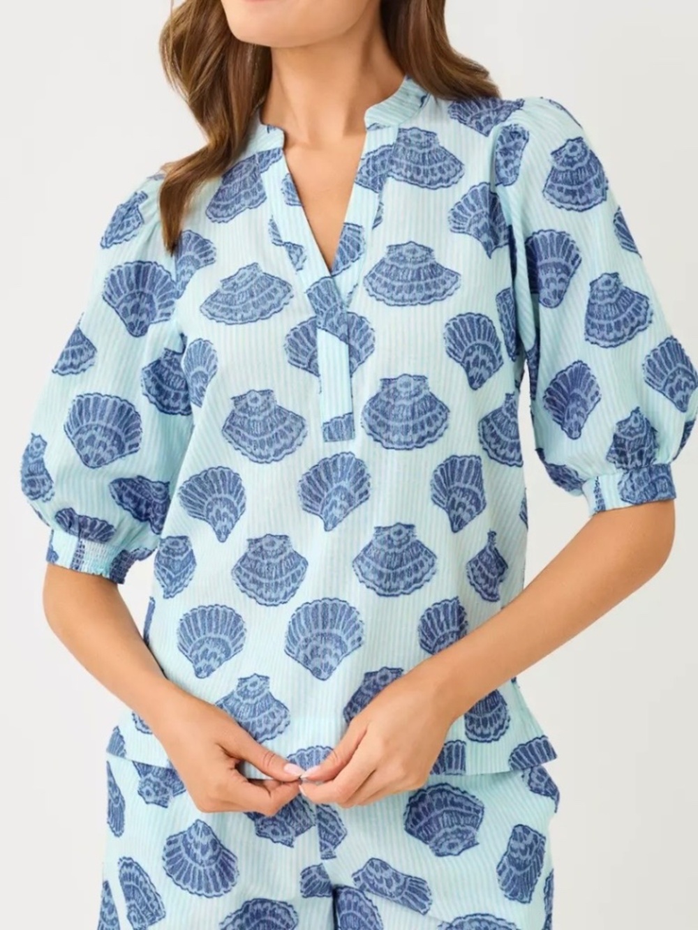 LILLY PULITZER Mialeigh Elbow Sleeve Top Day Dream Blue Seashell Jacquard
